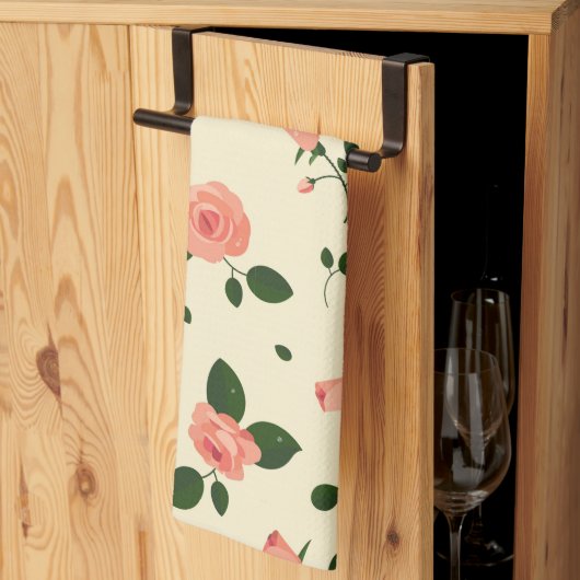 Pretty Pink Roses Pastel Pink Pattern キッチンタオル (三つ折り)