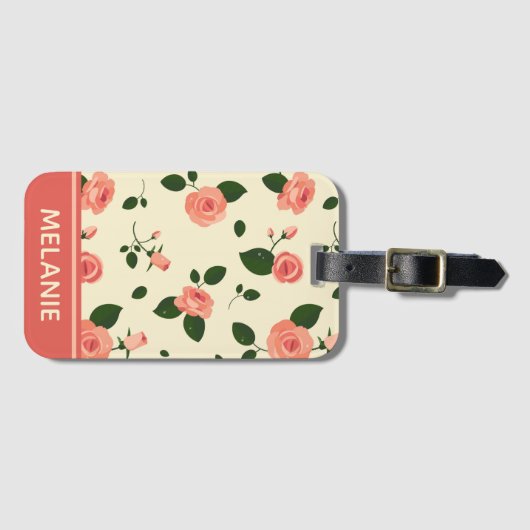 Pretty Pink Roses Pastel Pink Pattern Personalised ラゲッジタグ (正面横)