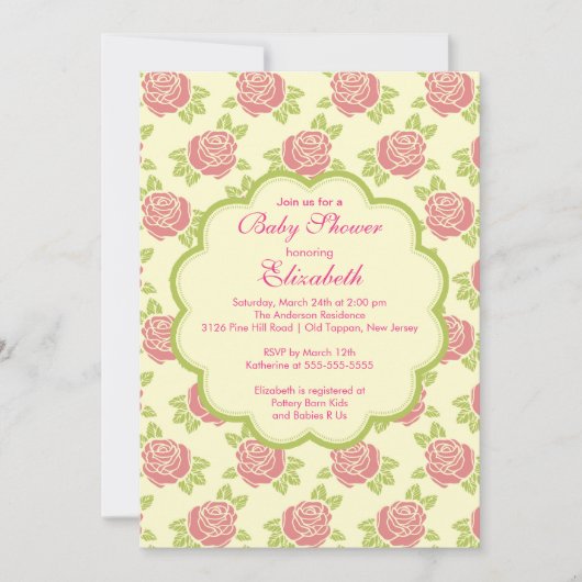 Pretty Pink Roses Spring Baby Shower Invitation 招待状 (正面)