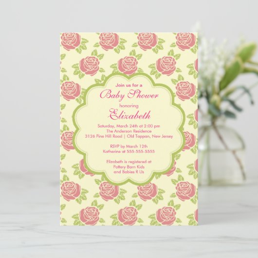 Pretty Pink Roses Spring Baby Shower Invitation 招待状 (スタンド正面)