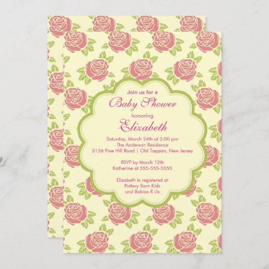 Pretty Pink Roses Spring Baby Shower Invitation 招待状 (正面/裏面)
