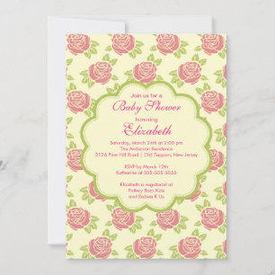 Pretty Pink Roses Spring Baby Shower Invitation 招待状
