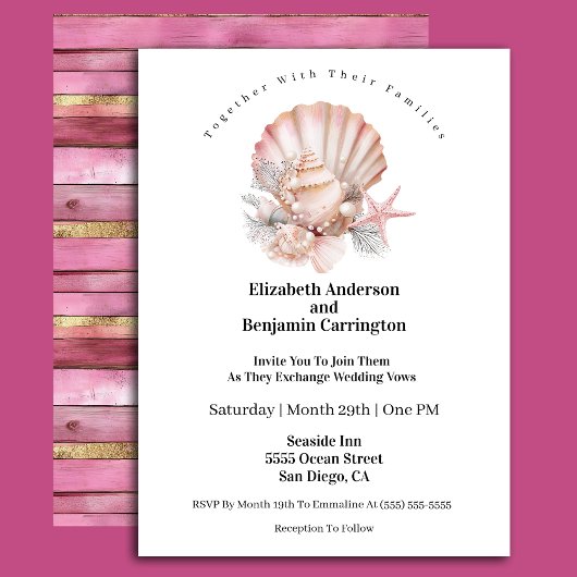 Pretty Pink Seashell and Pearls Wedding 招待状