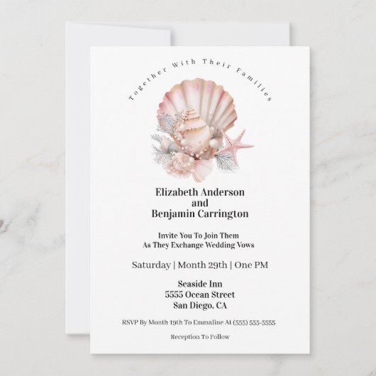 Pretty Pink Seashell and Pearls Wedding 招待状 (正面)
