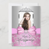 Pretty Pink Silver Bow & Tiara Quinceanera 招待状 (正面)
