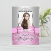 Pretty Pink Silver Bow & Tiara Quinceanera 招待状 (スタンド正面)