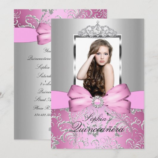 Pretty Pink Silver Bow & Tiara Quinceanera 招待状 (正面/裏面)