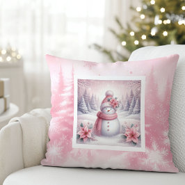 Pretty Pink Snow Scene Pillow Sweet Snowman クッション