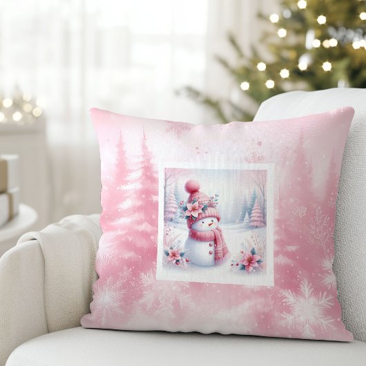 Pretty Pink Snowman Winter Scene Kids Room Pillow クッション