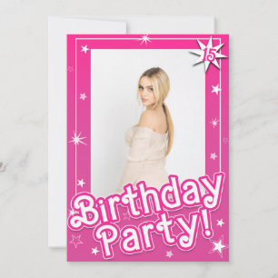 Pretty Pink Sparkle Stars Birthday Party Photo 招待状