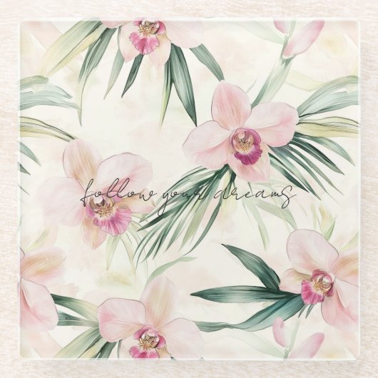 Pretty Pink Tropical Orchid Flowers ガラスコースター (正面)