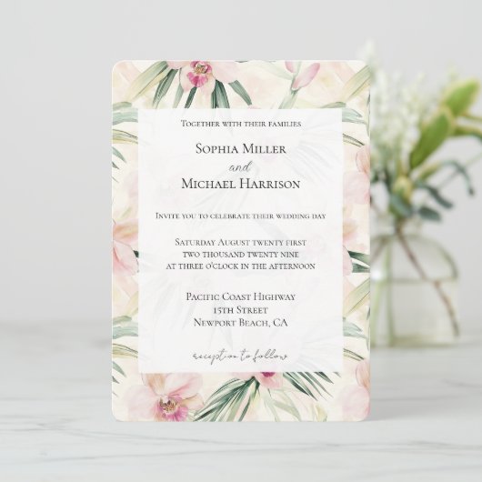 Pretty Pink Tropical Orchid Flowers Wedding 招待状 (スタンド正面)