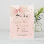 Pretty Pink Tulle Bow & Gold Confetti Baby Shower 招待状 (スタンド正面)