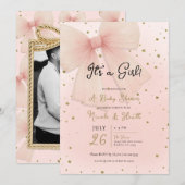 Pretty Pink Tulle Bow & Gold Confetti Baby Shower 招待状 (正面/裏面)