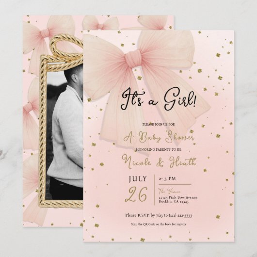 Pretty Pink Tulle Bow & Gold Confetti Baby Shower 招待状 (正面/裏面)