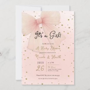 Pretty Pink Tulle Bow & Gold Confetti Baby Shower 招待状