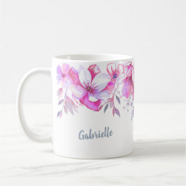 Pretty Pink Watercolor Floral Border カスタムネーム コーヒーマグカップ