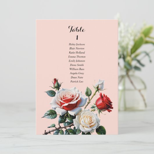 Pretty pink white red rose seating chart card 招待状 (スタンド正面)
