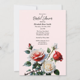 Pretty pink white red roses bridal shower 招待状