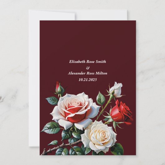 Pretty pink white red roses dark floral wedding 招待状 (裏面)