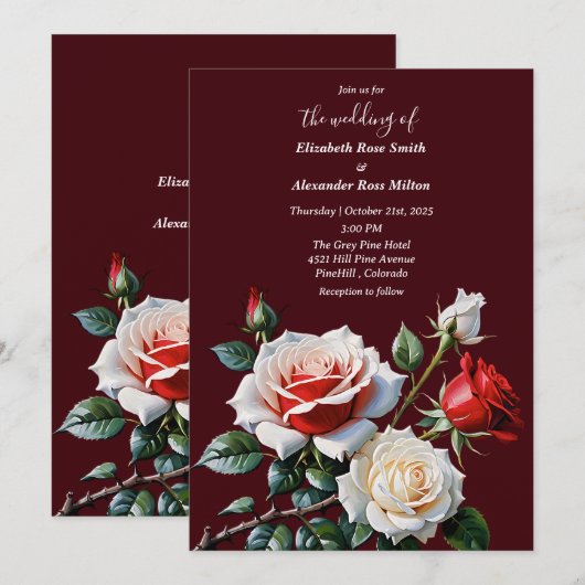 Pretty pink white red roses dark floral wedding 招待状 (正面/裏面)