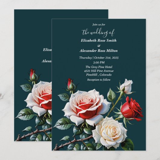 Pretty pink white red roses dark floral wedding 招待状 (正面/裏面)