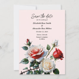 Pretty pink white red roses floral wedding セーブザデート