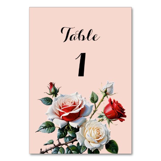 Pretty pink white red roses floral wedding テーブルナンバー (正面)