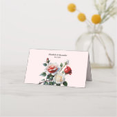 Pretty pink white red roses floral wedding  プレイスカード (裏面)