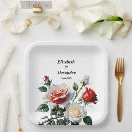 Pretty pink white red roses floral wedding ペーパープレート