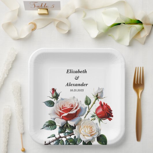 Pretty pink white red roses floral wedding ペーパープレート (ウェディング)