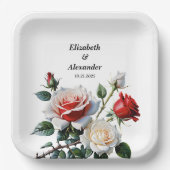 Pretty pink white red roses floral wedding ペーパープレート (正面)