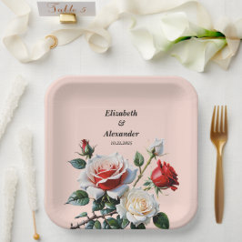 Pretty pink white red roses floral wedding ペーパープレート