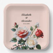 Pretty pink white red roses floral wedding ペーパープレート (正面)