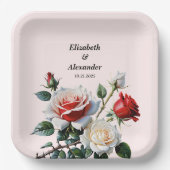Pretty pink white red roses floral wedding ペーパープレート (正面)