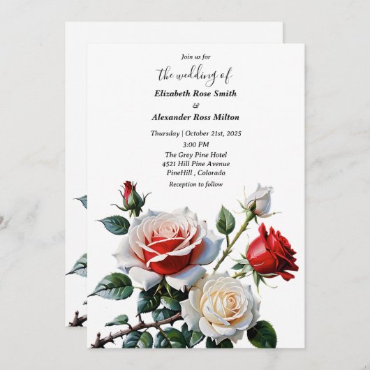 Pretty pink white red roses floral wedding 招待状 (正面/裏面)