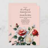 Pretty pink white red roses floral wedding 招待状 (正面/裏面)