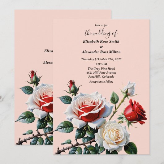 Pretty pink white red roses floral wedding 招待状 (正面/裏面)