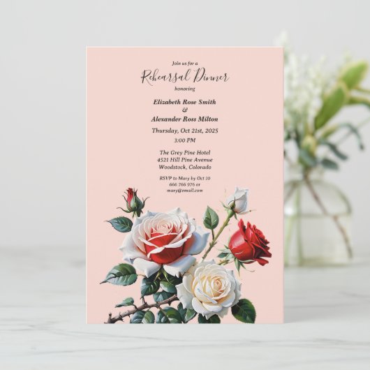 Pretty pink white red roses Rehearsal dinner 招待状 (スタンド正面)