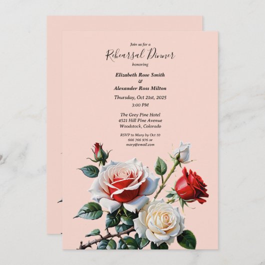 Pretty pink white red roses Rehearsal dinner 招待状 (正面/裏面)