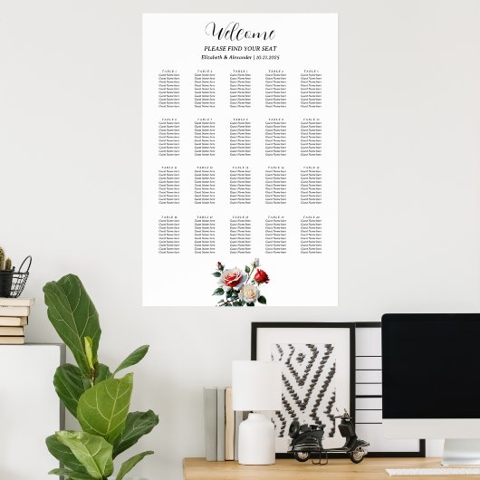 Pretty pink white red roses seating chart ポスター (ホームオフィス)