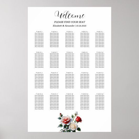 Pretty pink white red roses seating chart ポスター (正面)