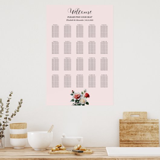 Pretty pink white red roses seating chart ポスター (キッチン)