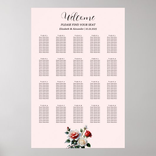 Pretty pink white red roses seating chart ポスター (正面)