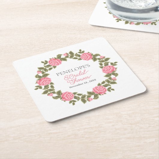 Pretty Pink Wild Roses ブライダルシャワーの名前と日付 スクエアペーパーコースター (アングル)
