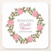 Pretty Pink Wild Roses ブライダルシャワーの名前 日付 スクエアペーパーコースター (正面)