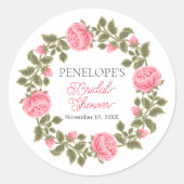Pretty Pink Wild Roses ブライダルシャワーの名前 日付 ラウンドシール (正面)