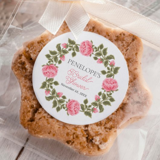 Pretty Pink Wild Roses ブライダルシャワーの名前 日付 ラウンドシール