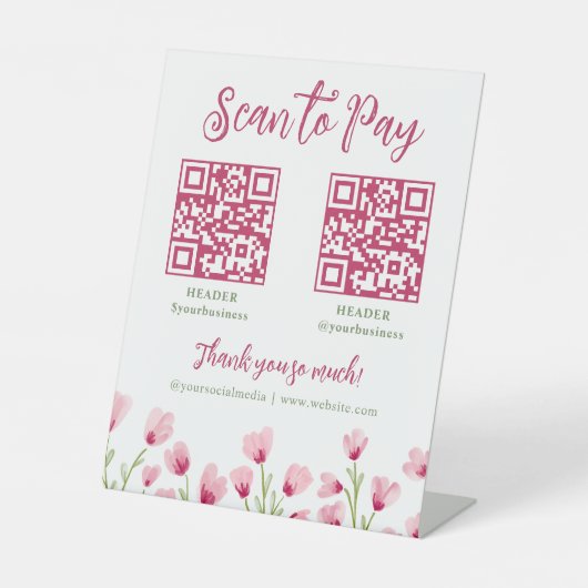 Pretty Pink Wildflowers Scan To Pay 2 QRコード 台座サイン (正面)