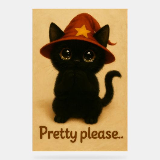 Pretty Please – Cute Black Cat with Wizard Hat アクリルサイン (正面)